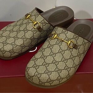 Gucci Beige and Brown Monogram Sandals with Gold Accents